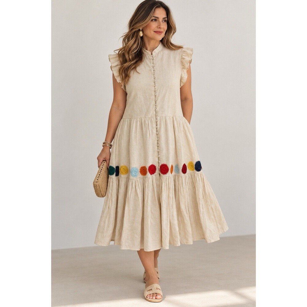 Carolina K Women Linen Tiered Midi Dress Hand-Embroidered Circles Size S